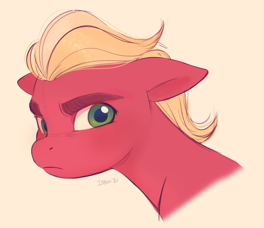 2021 absurd_res annoyed blonde_hair digital_media_(artwork) ears_down equid equine eyebrows green_eyes hair hasbro hi_res horse imalou looking_at_viewer male mammal mlp_g5 my_little_pony pivoted_ears pony red_body signature simple_background solo sprout_cloverleaf_(mlp) tan_background