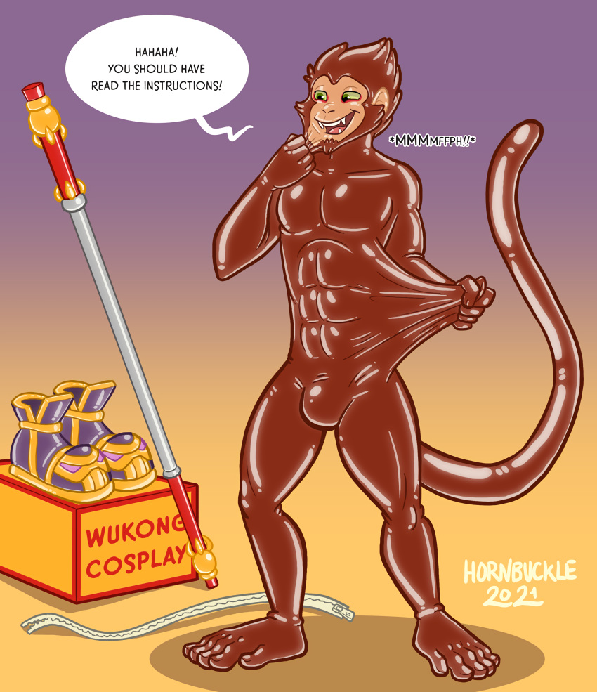 absurd_res anthro boots box clothing container costume_transformation dialogue english_text featureless_crotch footwear glistening glistening_body gradient_background haplorhine hi_res hornbuckle male mammal monkey muscular null_bulge primate rubber simple_background speech_bubble staff stretching text transformation wukong_(lol) zipper