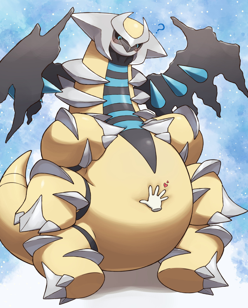 &lt;3 6_legs ? absurd_res altered_forme_giratina ambiguous_gender belly belly_grab black_sclera blue_eyes disembodied_hand duo featureless_crotch feral giratina hi_res legendary_pok&eacute;mon multi_leg multi_limb nintendo on_ice_(artist) pok&eacute;mon pok&eacute;mon_(species) shiny_pok&eacute;mon simple_background solo video_games white_background wings yellow_body