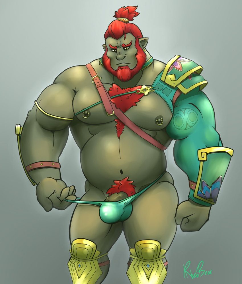 2017 5_fingers armor barazoku beard body_hair bulge chest_hair ear_piercing facial_hair fingers ganondorf genitals gerudo hair hi_res humanoid humanoid_genitalia humanoid_hands humanoid_penis humanoid_pointy_ears male muscular muscular_humanoid muscular_male nintendo nipple_piercing nipples not_furry penis penis_base piercing ponytail pubes red_hair rheobear simple_background solo standing the_legend_of_zelda video_games