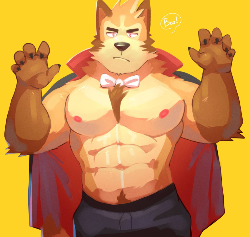 2021 abs anthro big_muscles body_hair boo bottomwear bow_tie canid canine canis cape chest_hair cilok claws clothed clothing costume dialogue domestic_dog english_text eyebrows front_view frown fur halloween hi_res holidays looking_at_viewer male mammal muscular muscular_anthro muscular_male narrowed_eyes navel nipples pants pecs pubes simple_background solo standing talking_to_viewer text topless topless_male tuft yellow_background