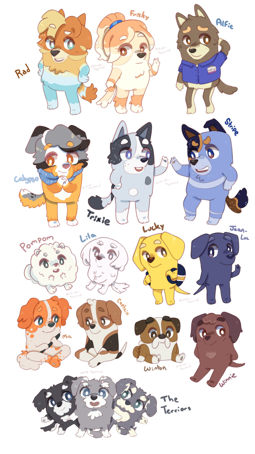 9:16 alfie_(bluey) anthro artist-squared australian_cattle_dog australian_shepherd backpack bag bandanna bird_dog blue_clothing blue_polo_shirt blue_shirt blue_topwear bluey_(series) bulldog calypso_(bluey) canid canine canis captain_(bluey) cattledog child clothing dingo domestic_dog english_setter female frisky_(bluey) group hand_behind_head herding_dog hi_res hunting_dog hybrid jean_luc_(bluey) kerchief labrador lila_(bluey) looking_at_another looking_at_viewer lucky_(bluey) male maltese mammal mastiff mia_(bluey) molosser name_tag pastoral_dog polo_shirt pom_pom_(bluey) pomeranian rad_heeler retriever setter sheepdog shirt sibling simple_background smile spaniel spitz stripe_heeler terrier text the_terriers_(bluey) topwear toy_dog triplets trixie_(bluey) tween white_background winnie_(bluey) winton_(bluey) wolfhound young