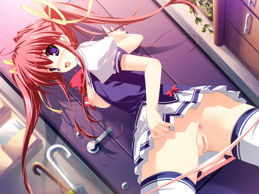 1girl anus asakura_nanao blush bow breasts game_cg highres lyrical_lyric open_clothes open_shirt panties panty_pull pink_panties pov purple_eyes pussy pussy_juice pussy_juice_trail red_hair ribbon ribbons school_uniform shirt skirt solo tears thighhighs twintails umbrella uncensored underwear upskirt