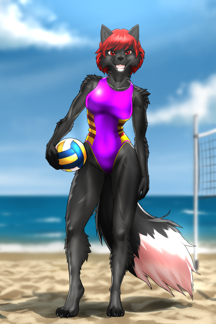 2021 2:3 4_toes absurd_res anthro ball barefoot beach black_body black_fur black_nose breasts canid canine claws clothed clothing digital_media_(artwork) digitigrade feet female fingers fox fur grin hair hi_res hindpaw holding_volleyball humanoid_hands looking_at_viewer mammal mykegreywolf one-piece_swimsuit paws red_hair sand seaside smile solo sport_swimsuit standing swimwear teeth toe_claws toes volleyball_(ball) volleyball_net water