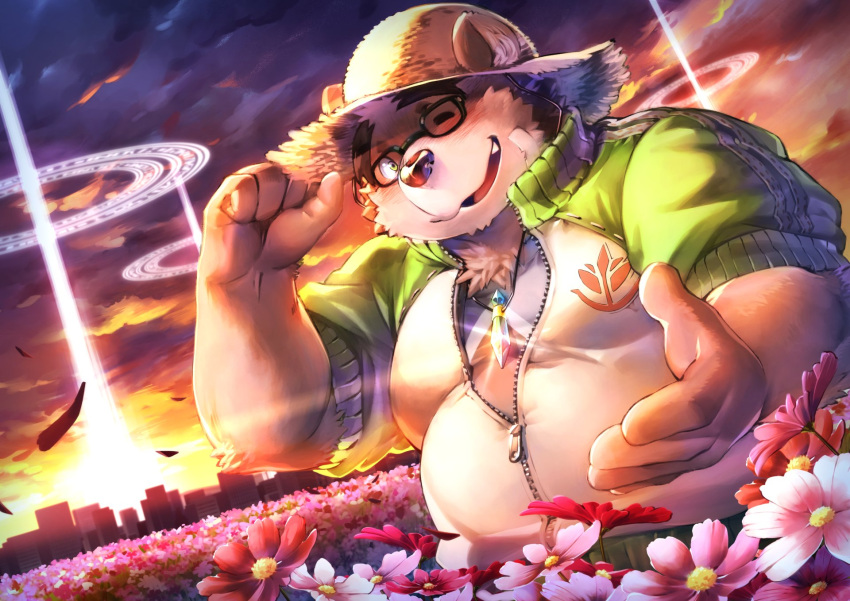 2021 anthro band-aid bandage black_nose blush brown_body brown_fur clothing detailed_background flower fur hat headgear headwear hi_res humanoid_hands kemono kijimaru lifewonders male mammal one_eye_closed outside overweight overweight_male plant solo straw_hat tokyo_afterschool_summoners ursid video_games volos wink