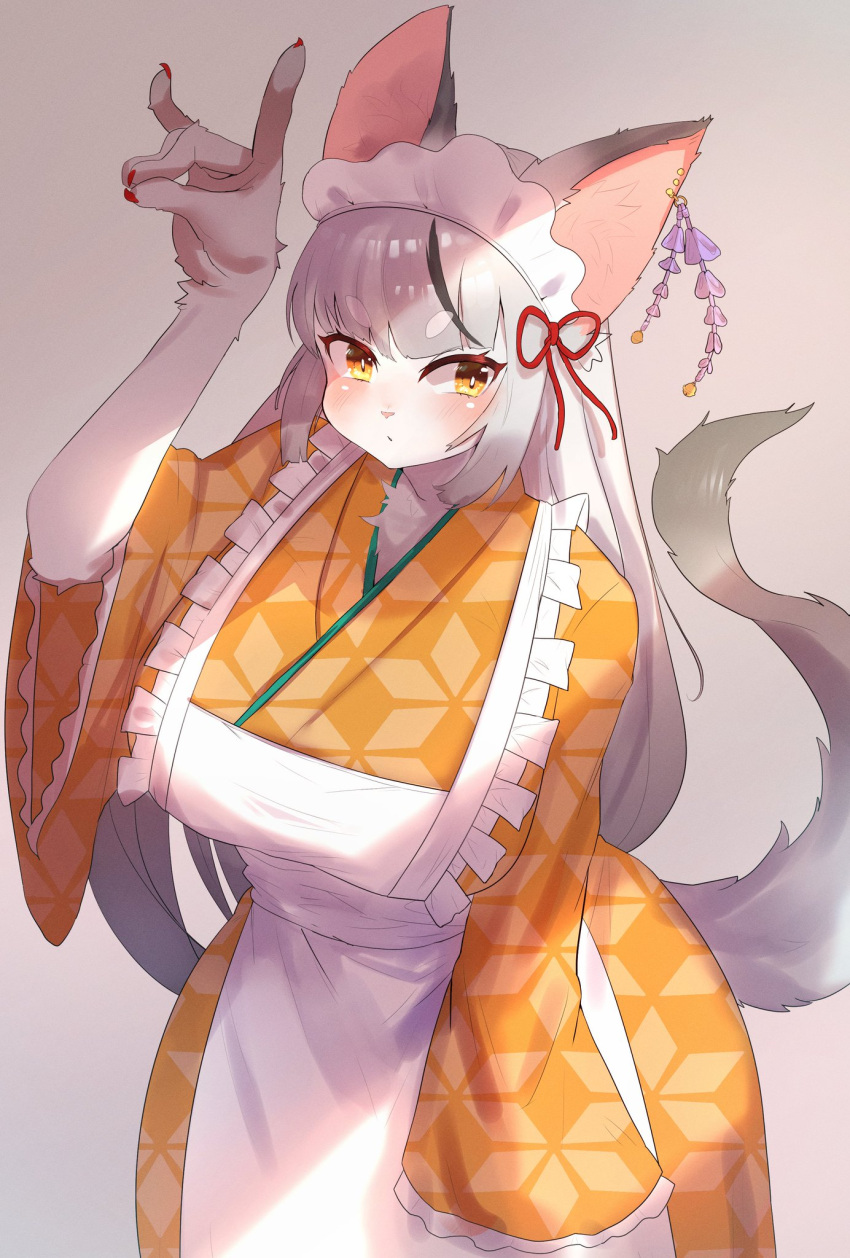 2021 5_fingers anthro apron asian_clothing big_breasts blush breasts canid canine claws clothed clothing ear_piercing east_asian_clothing female finger_claws fingers fox fox_shadow_puppet frilly frilly_clothing fur gesture grey_body grey_fur grey_hair hair hi_res huge_breasts japanese_clothing kemono looking_at_viewer maid_headdress maid_uniform mammal onikuman piercing silver_hair solo uniform white_body white_fur yellow_eyes