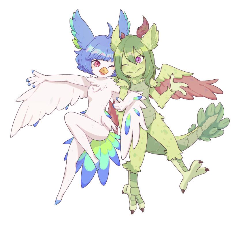 1_toe 3_fingers 3_toes 4_fingers alpha_channel anthro arm_hug avian beak bird blue_hair breasts broken_horn brown_body brown_feathers chest_tuft claws cute_expression cute_fangs dragon duo feathers featureless_breasts featureless_crotch feet female fingers fur furred_dragon green_body green_hair hair hi_res horn hybrid kyisha leaf_tail multicolored_body multicolored_feathers perico purple_eyes red_eyes smile talons toes tuft unknown_artist white_body wings