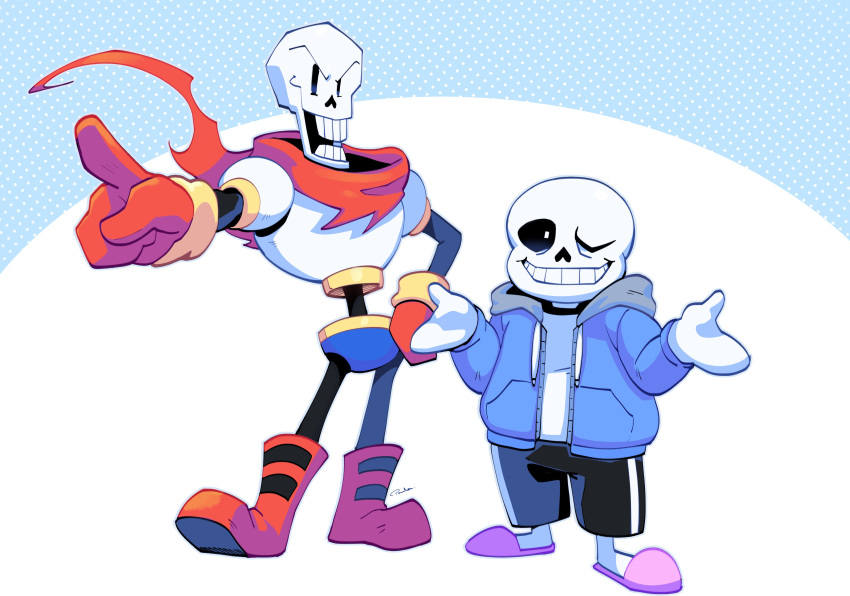 absurd_res animated_skeleton blue_clothing blue_hoodie blue_topwear bone boots bottomwear brother brothers clothing drawloverlala duo footwear gloves handwear hi_res hoodie humanoid male papyrus_(undertale) pink_clothing pink_footwear red_boots red_clothing red_footwear red_gloves red_handwear sans_(undertale) scarf shorts sibling skeleton slippers standing teeth topwear undead undertale undertale_(series) video_games white_body