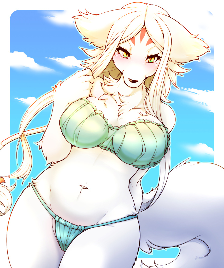 anthro belly bikini blush breasts canid canine canis clothing domestic_dog female fur hair head_markings helga_(world_flipper) hi_res kemono looking_at_viewer mammal markings navel outside pupils risuou sky slit_pupils solo swimwear video_games white_body white_fur world_flipper yellow_eyes