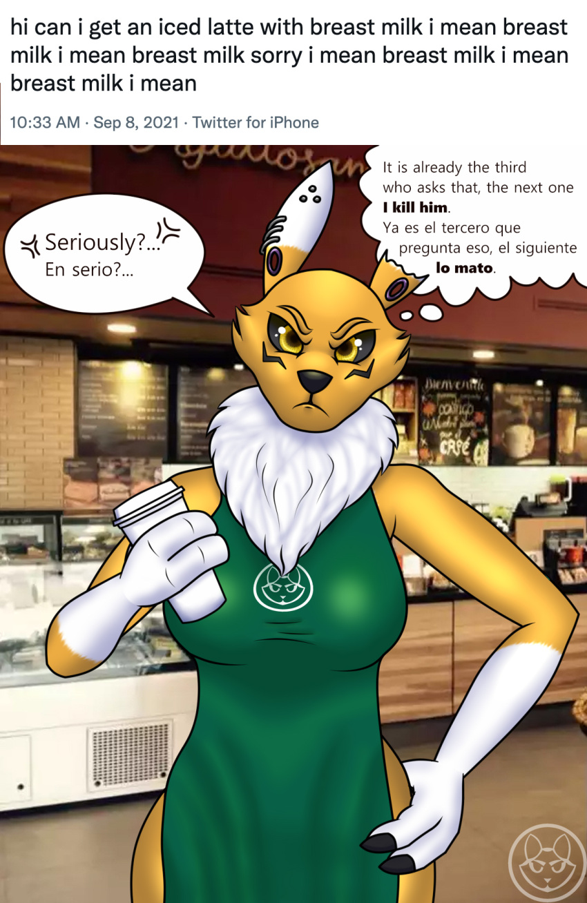 anthro apron apron_only bandai_namco breasts cafeteria canid canine clothing digimon digimon_(species) ear_piercing ear_ring female flesh_tunnel fox fur green_apron hi_res i_mean_breast_milk mammal meme mike_santos mostly_nude piercing renamon solo starbucks white_body white_fur yellow_body yellow_eyes yellow_fur