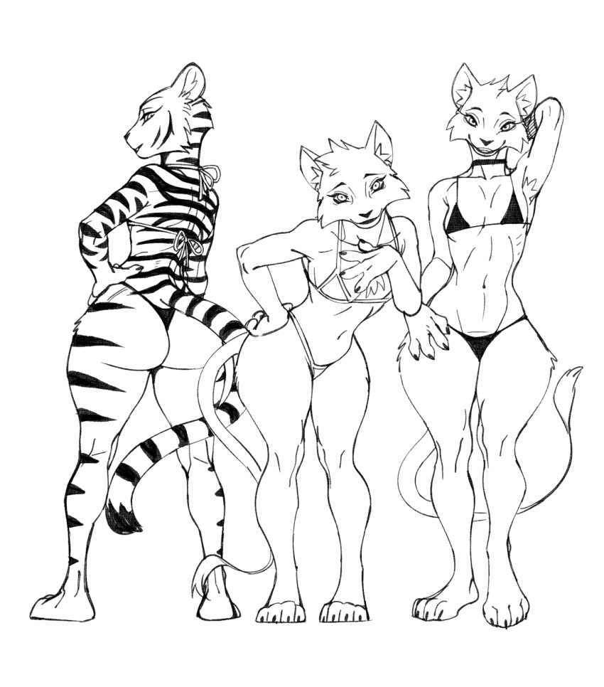 anthro bikini breasts choker clothing father_of_the_pride felid feline female hi_res jewelry jijis-waifus kate_(father_of_the_pride) lion mammal monochrome necklace pantherine sierra_(father_of_the_pride) small_breasts swimwear tiger victoria_(father_of_the_pride) wide_hips