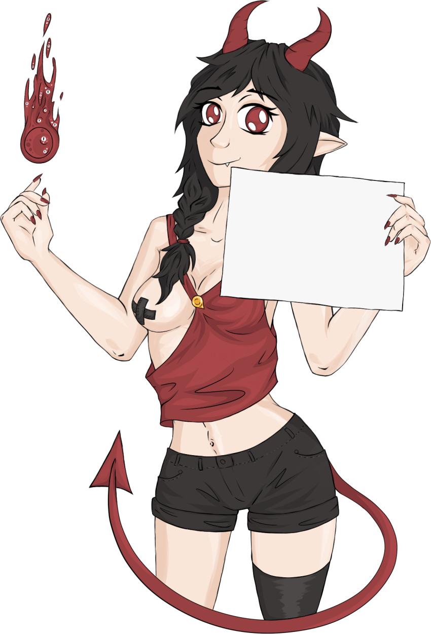 alpha_channel black_hair bottomwear breasts clothed clothing demon demon_humanoid devil_horns_(disambiguation) duct_tape female hair hi_res humanoid humanoid_pointy_ears kineris_(artist) kineris_(character) legwear magic not_furry red_eyes shorts sign solo spade_tail stockings succubus tape thick_thighs white_body white_skin
