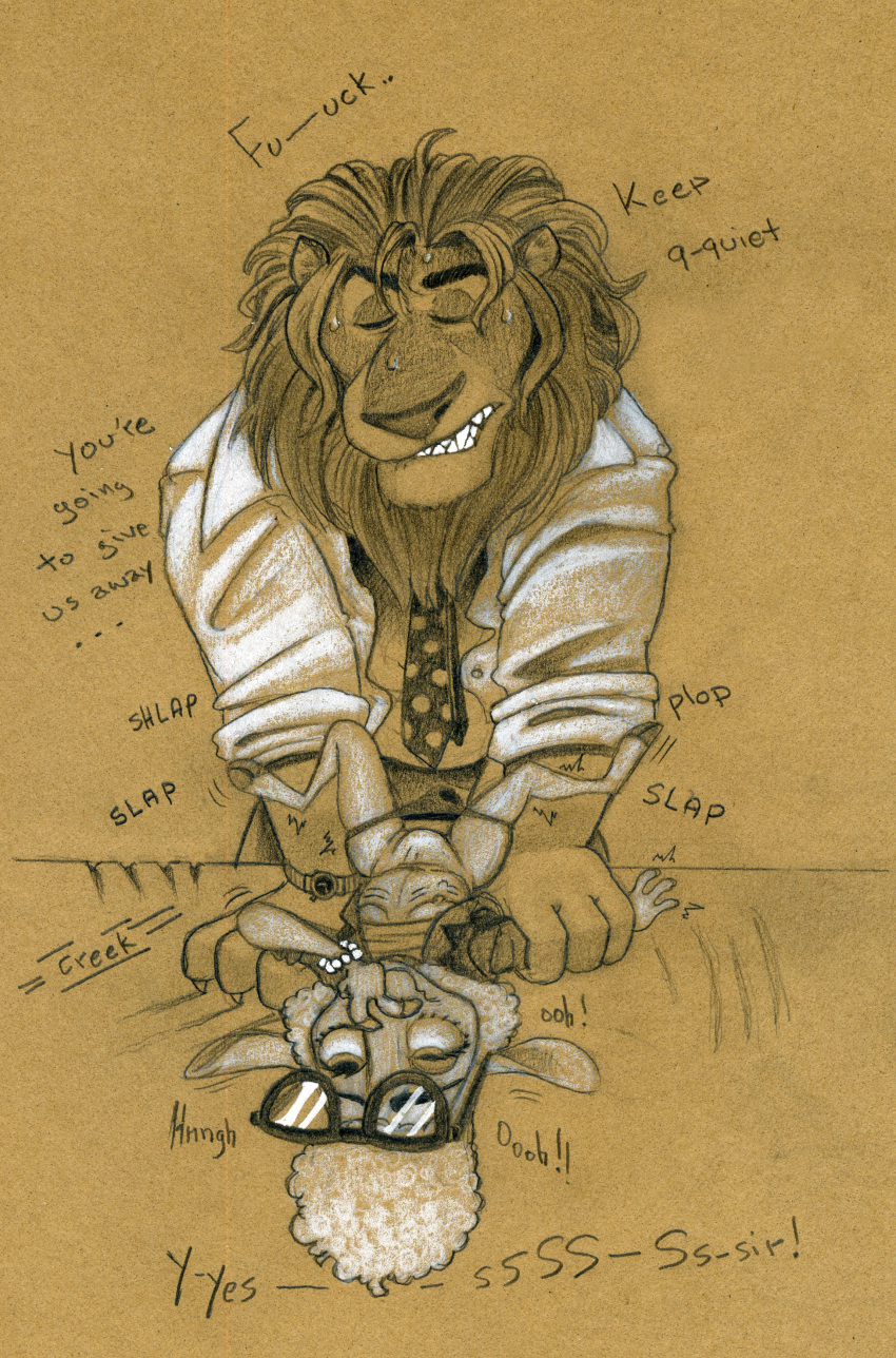 2021 abdominal_bulge absurd_res anthro bodily_fluids bovid breasts caprine clenched_teeth clock clothed clothing dawn_bellwether dialogue disney duo english_text eyes_closed eyewear felid female glasses hi_res interspecies larger_male leodore_lionheart lion lying male male/female mammal mane necktie nipples on_back open_mouth open_smile pantherine panties panties_around_legs partially_clothed penetration penile penile_penetration penis_in_pussy pinned predator/prey rough_sex scratches sex sheep shirt shirt_up size_difference smaller_female smile sweat teeth text topwear traditional_media_(artwork) tush underwear vaginal vaginal_penetration watch wristwatch zootopia