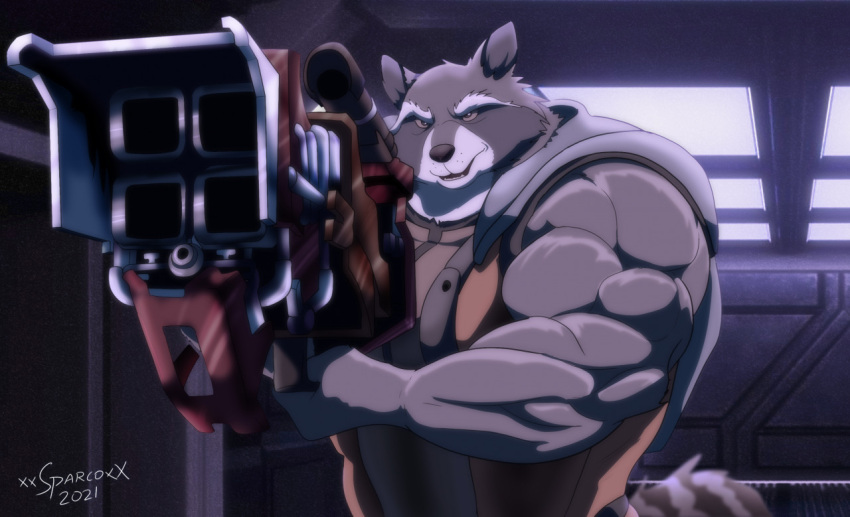 anthro biceps brown_body brown_fur fur gesture guardians_of_the_galaxy male mammal marvel muscular muscular_anthro muscular_male pecs pointing procyonid raccoon rocket_raccoon solo tail_tuft tuft weapon xxsparcoxx