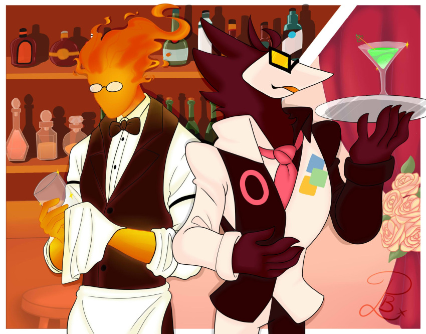 alcohol avian bar bartender beverage black_body black_feathers bottle bow_tie clothed clothing cocktail_glass container cup darkner deltarune drinking_glass duo elemental_creature elemental_humanoid eyewear feathers fire fire_creature fire_humanoid flower glass glass_container glass_cup glasses grillby hi_res humanoid male necktie penguinbomb plant serving_tray sparkles swatch_(deltarune) swatchling undertale undertale_(series) video_games wine_bottle