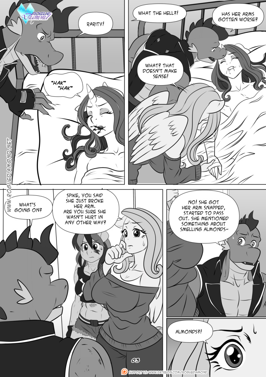 anthro anthrofied bandage blood bodily_fluids comic coughing coughing_blood dialogue dragon english_text equid equine feathered_wings feathers fluttershy_(mlp) friendship_is_magic hasbro hi_res horn mammal monochrome my_little_pony pegasus pia-sama rainbow_dash_(mlp) rarity_(mlp) spike_(mlp) text unicorn url wings
