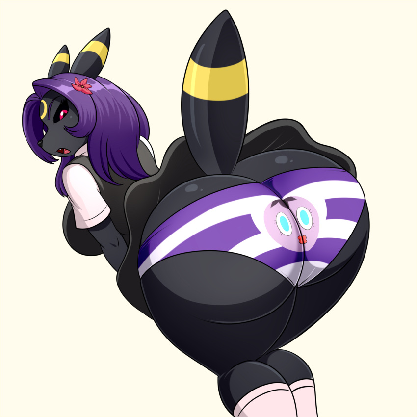 1:1 anthro anthrofied bent_over claire_(aj_the_flygon) clothing cosplay eeveelution female gothita hair hi_res lass_(pokemon) lonbluewolf looking_at_viewer nintendo pok&eacute;mon pok&eacute;mon_(species) pok&eacute;morph print_briefs print_clothing purple_hair red_eyes solo umbreon underwear video_games