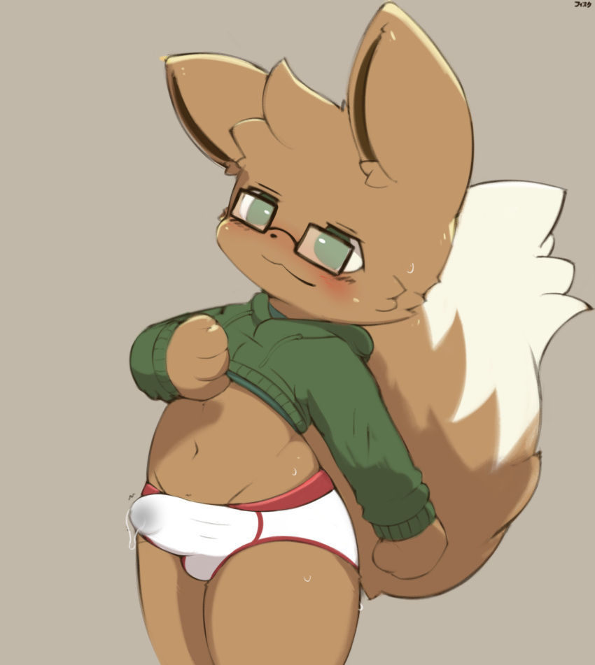 absurd_res anthro anthrofied belly blush bodily_fluids briefs bulge clothed clothing colored_seam_underwear dripping eevee erection erection_under_clothing eyewear fisuku genital_fluids genital_outline genitals glasses hi_res hoodie male navel nintendo panties penis_outline pok&eacute;mon pok&eacute;mon_(species) pok&eacute;morph precum precum_drip precum_through_clothing red_seam_underwear simple_background solo topwear two_tone_briefs underwear video_games wet wet_clothing white_briefs