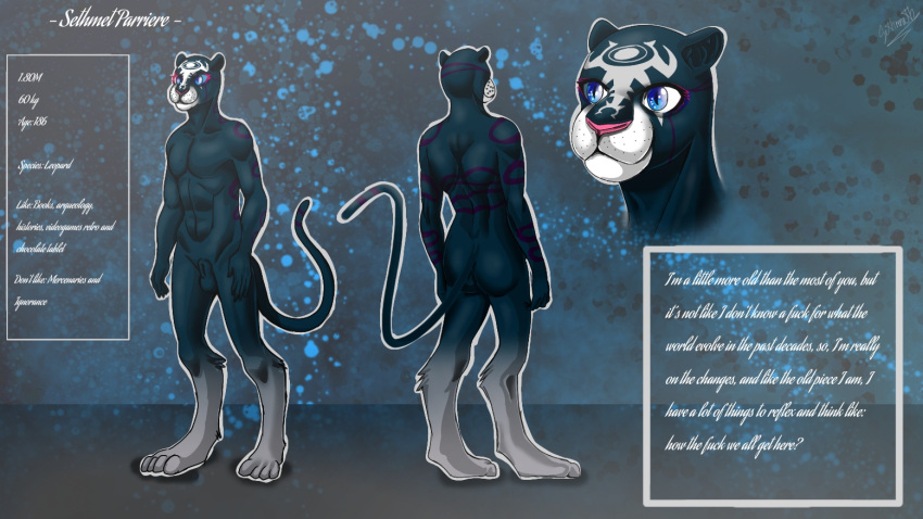 ancient animal_humanoid anthro black_body black_fur blue_eyes chimera fan_character felid feline fur humanoid leopard long_tail male mammal mammal_humanoid model_sheet mystical_creature nude pantherine sethmetparriere solo tattoo