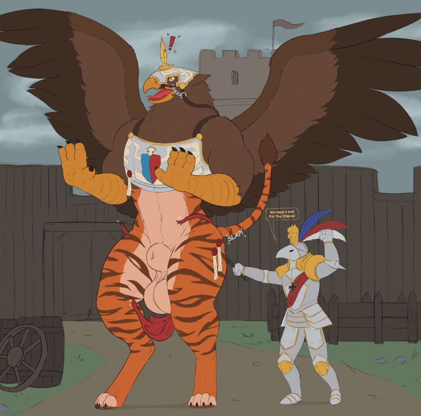 2021 action_pose animal_genitalia anthro armor avian balls barrel beak big_balls brown_body brown_fur claws clothing colored deathclaw_(warhammer_fantasy) dialogue_box duo english_text erection felid fluffy fur genitals gryphon heavy_armor hi_res humanoid hybrid male mammal mythological_avian mythology orange_body orange_fur pantherine pawpads paws pose psixoy sheath signature size_difference sky slap spanking standing stripes terrain text thong tiger tongue torn_clothing underwear wall_(disambiguation) warhammer_(franchise) warhammer_fantasy wings wolfarion yellow_eyes