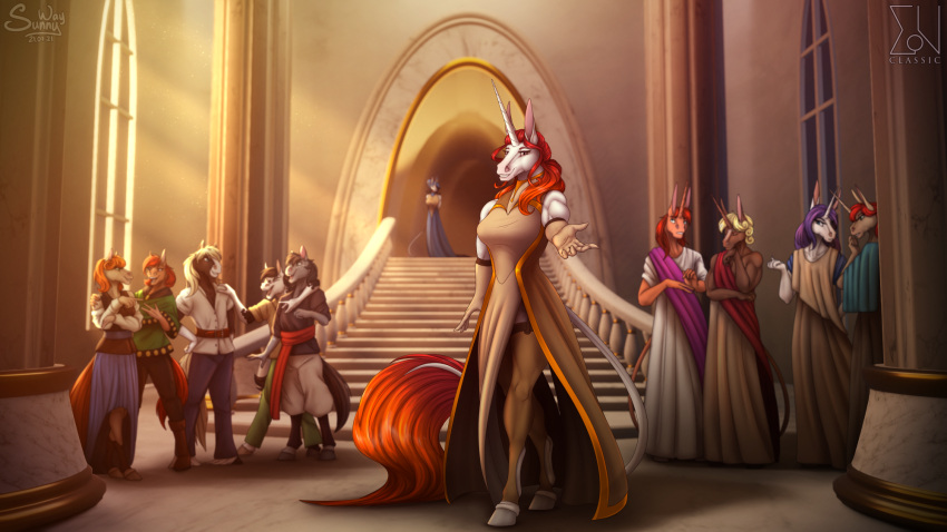 16:9 alacorna anthro celestin clothed clothing detailed_background digital_drawing_(artwork) digital_media_(artwork) dress equi equid equine equis_universe evening exclusive female group hi_res horn horse join kelesta laugh looking_at_viewer male mammal muscular muscular_anthro muscular_female muscular_male patreon_exclusive sibling sister sisters size_difference smile solo sunny_way text unicorn url welcome widescreen