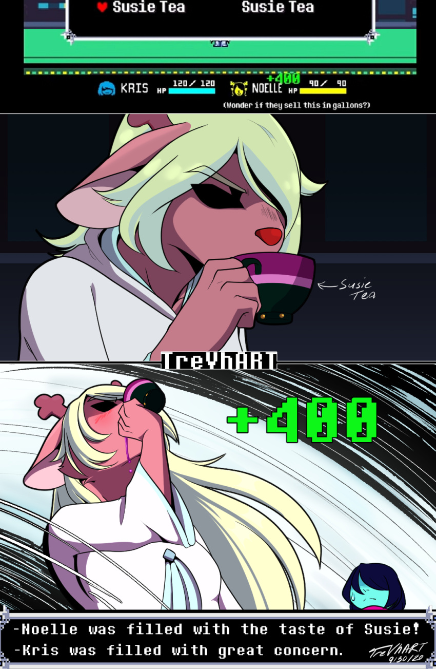 ambiguous_gender anthro antlers beverage blonde_hair blush capreoline cervid clothed clothing comic deltarune drinking dripping duo english_text female game_(disambiguation) hair hair_over_eye hi_res hoodie horn human humor jojo's_bizarre_adventure kris_(deltarune) mammal noelle_holiday one_eye_obstructed reindeer scarf susie_(deltarune) tea text thirsty topwear trevhart undertale undertale_(series) video_games