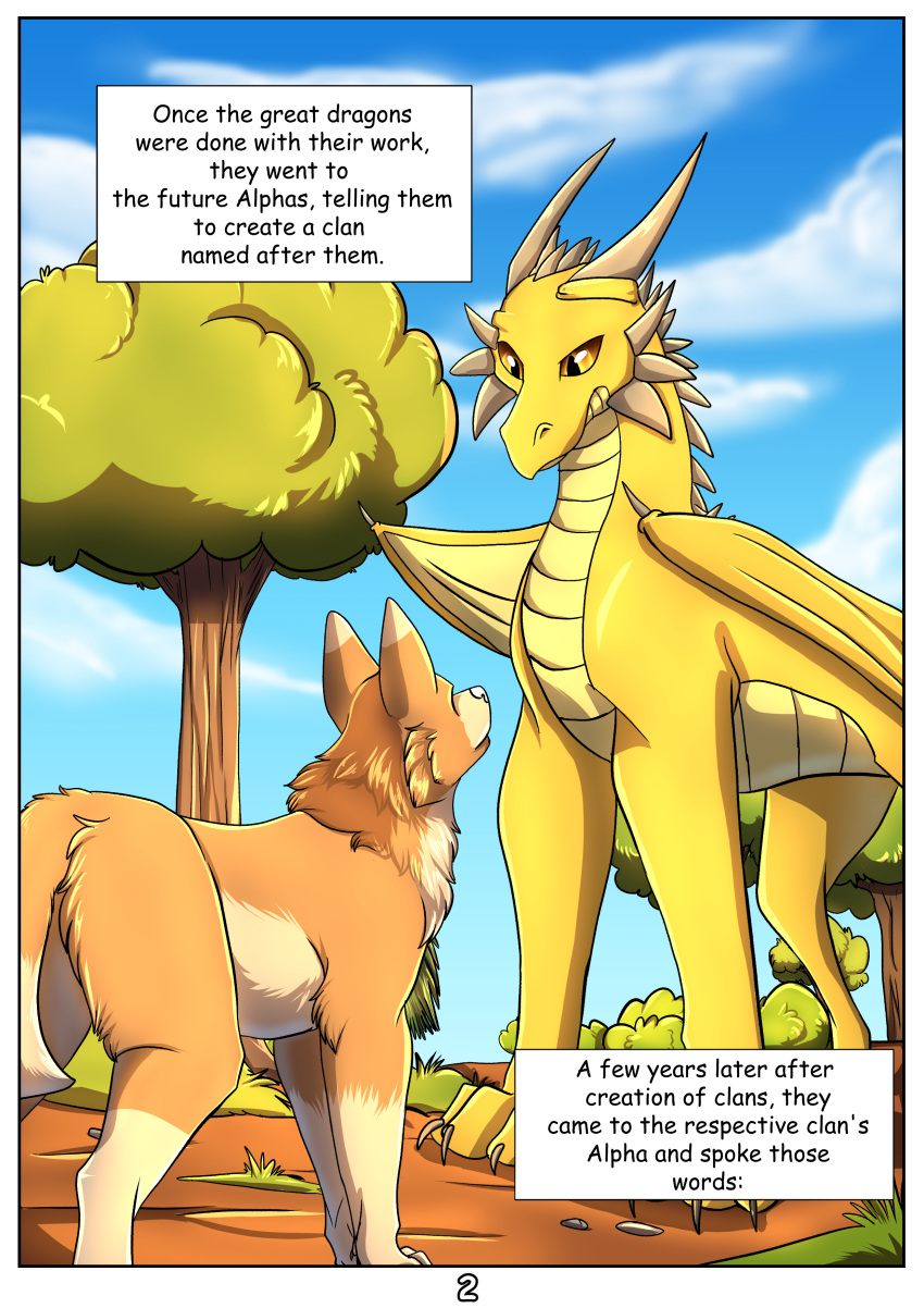 absurd_res ambiguous_gender brown_body brown_fur canid canine canis comic dragon duo english_text fenris64 feral fur hi_res kertanan_fate_of_clans light long_legs looking_down looking_up mammal membrane_(anatomy) membranous_wings narrator plant prologue scales size_difference spikes standing story sunlight text tree wings wolf yellow_body yellow_scales