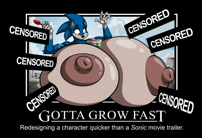 2019 5_fingers anthro areola big_breasts breast_expansion breasts crossgender cutlery dairy_products english_text eulipotyphlan expansion female fingers food green_eyes hedgehog hi_res huge_breasts hyper hyper_breasts kitchen_utensils mammal nipples sega solo sonic_the_hedgehog sonic_the_hedgehog_(film) sonic_the_hedgehog_(series) spoon text tools wolfjedisamuel yogurt