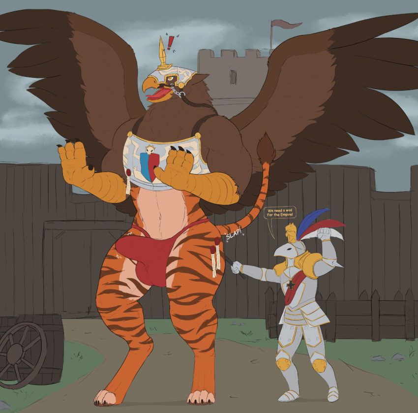 2021 action_pose anthro armor avian balls barrel beak brown_body brown_fur bulge claws clothing colored deathclaw_(warhammer_fantasy) dialogue_box duo english_text erection felid fluffy fur genitals gryphon heavy_armor hi_res humanoid hybrid male mammal mythological_avian mythology orange_body orange_fur pantherine pawpads paws pose psixoy signature size_difference sky slap spanking standing stripes terrain text thong tiger tongue underwear wall_(disambiguation) warhammer_(franchise) warhammer_fantasy wings wolfarion yellow_eyes