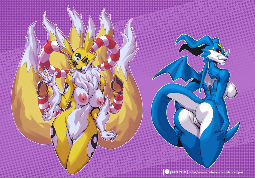 2021 5_fingers alanscampos anthro areola bandai_namco black_nose breasts digimon digimon_(species) digital_media_(artwork) duo exveemon eyebrows eyelashes female fingers genitals hi_res kyubimon membrane_(anatomy) membranous_wings navel nipples nude pussy smile wings