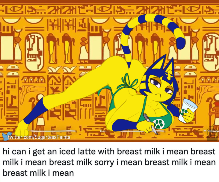 2021 5_fingers animal_crossing ankha_(animal_crossing) ankha_zone anthro apron apron_only big_breasts breasts butt clothing conditional_dnp digital_media_(artwork) domestic_cat english_text felid feline felis female fingers hi_res holding_object i_mean_breast_milk jack-o'_pose looking_at_viewer mammal meme mostly_nude nintendo pen pose solo spread_legs spreading sugarlesspaints text url video_games