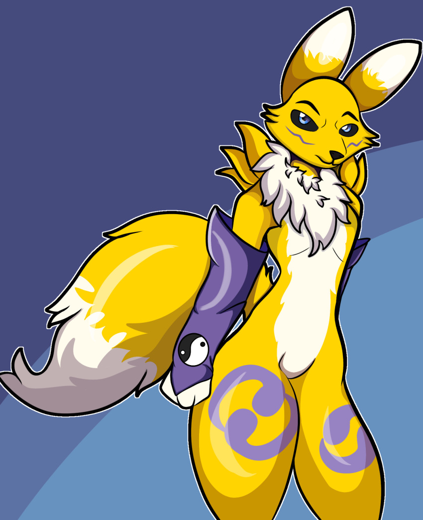 anthro bandai_namco blue_eyes canid canine canis digimon digimon_(species) female fox fox_tail fur hi_res mammal renamon skade_(artist) solo yellow_body yellow_fur