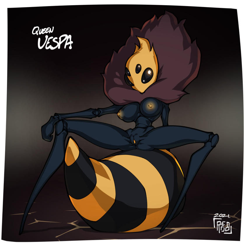 1:1 2021 4_eyes anthro arthropod arthropod_abdomen bee black_body breasts female front_view full-length_portrait hi_res hollow_knight hymenopteran insect multi_eye nipples non-mammal_breasts non-mammal_nipples portrait queen_vespa_(hollow_knight) reabault solo spread_legs spreading team_cherry video_games yellow_nipples