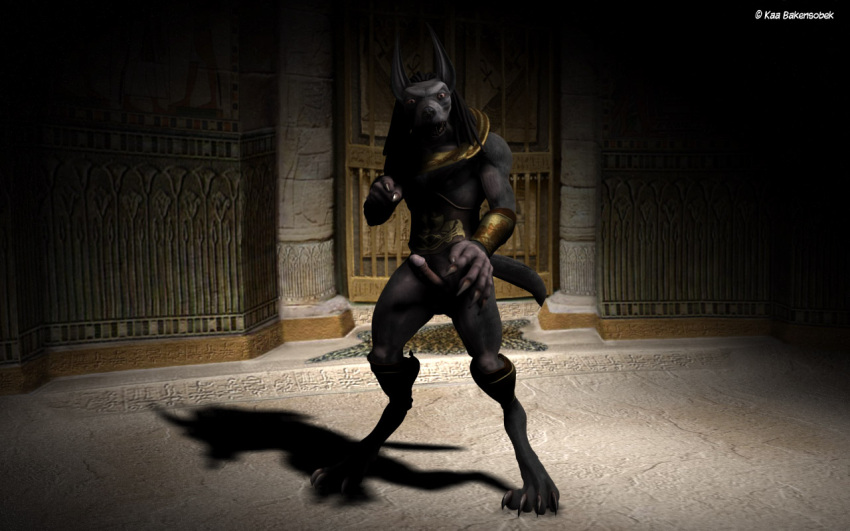 16:10 3d_(artwork) anthro anubian_jackal anubis canid canine canis claws deity digital_media_(artwork) egyptian egyptian_mythology erection genitals jackal kaa_(artist) male mammal middle_eastern_mythology mythology penis solo standing temple widescreen