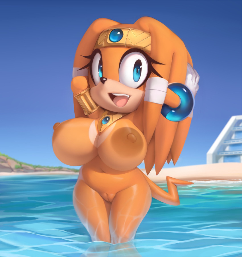 anthro areola armlet bandage beach big_areola big_breasts big_eyes big_head blue_eyes blue_sky bracelet breasts brown_nipples circlet cleft_of_venus clothing countershade_face countershading crooked_tail echidna eyelashes fangs female gem gloves hand_behind_head handwear hi_res huge_breasts jewelry looking_at_viewer mammal monotreme mostly_nude navel necklace nipples nude open_mouth open_smile orange_body outside partially_submerged plantpenetrator portrait public public_nudity raised_arms seaside sega short_stack skinny_dipping sky smile solo sonic_adventure sonic_the_hedgehog_(series) tan_body tan_countershading three-quarter_portrait tikal_the_echidna wide_hips