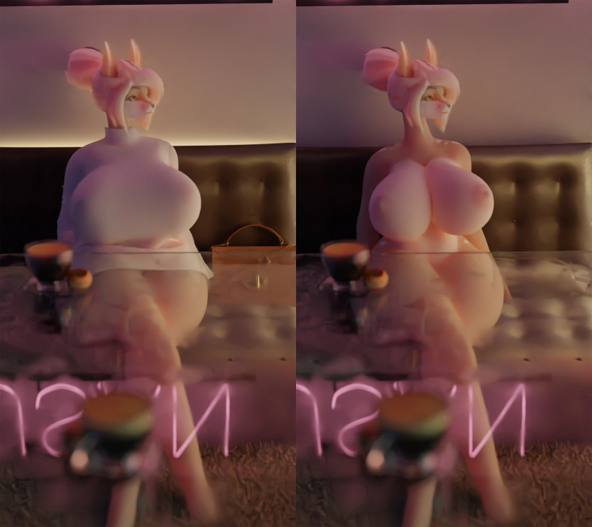 absurd_res anthro areola big_breasts breasts butt clothed clothing elaine female genitals ghostoast hair hi_res huge_breasts nipples nude off/on pussy solo thick_thighs
