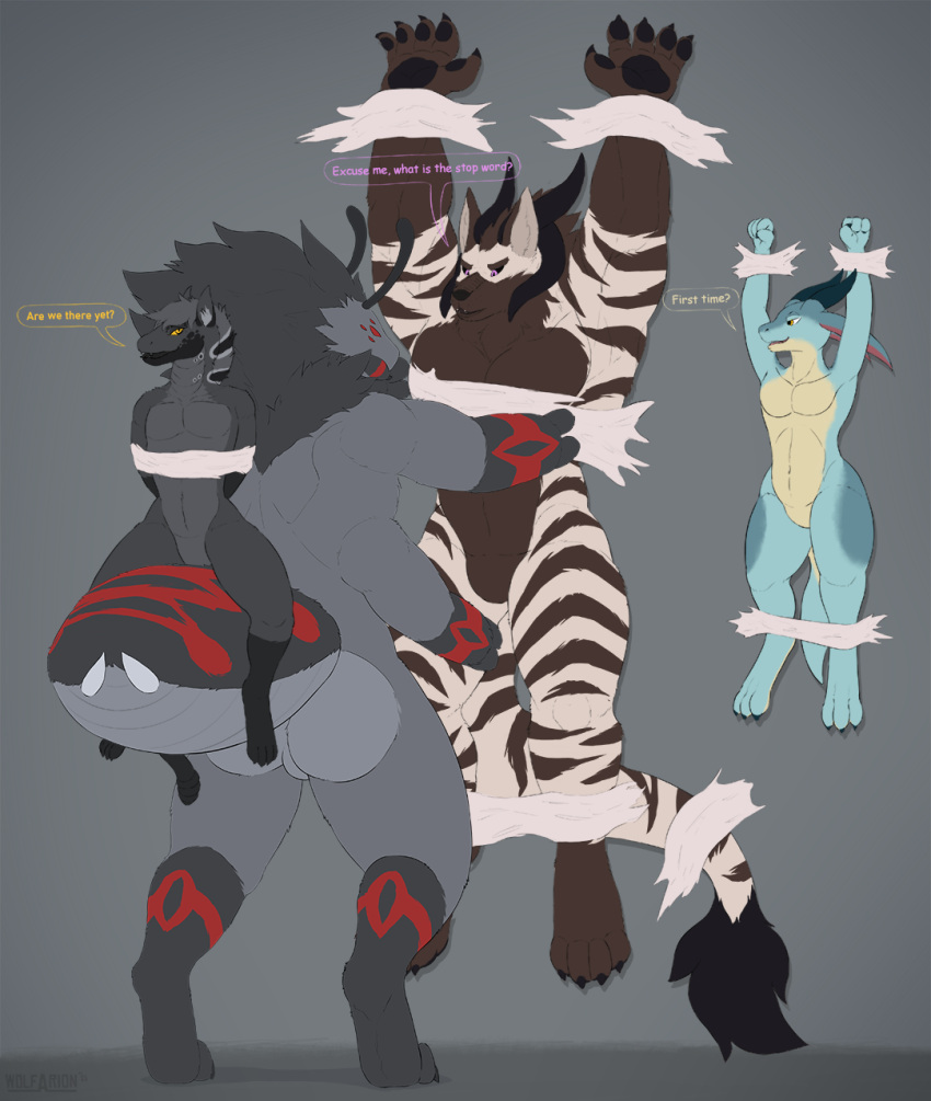 2021 antennae_(anatomy) anthro arachnid araneomorph arthropod bethesda_softworks black_body black_fur black_horn black_nose blue_body blue_skin bound brown_body brown_fur canid canine canis claws colored demon dialogue english_text fallout firexuz_(firexuz) fur girly grey_body grey_fur group hi_res horn hybrid kobold kuno_bloodclaw lips long_tail lycosid_(wolfarion) male mammal mandibles markings multi_eye multicolored_body night_stalker_(fallout) on_wall open_mouth pawpads paws purple_eyes red_eyes simple_background size_difference smile speech_bubble spider spider_web stripes teeth text tongue video_games web_(disambiguation) white_body white_fur wolf wolfarion wolfarion_(character) yellow_eyes