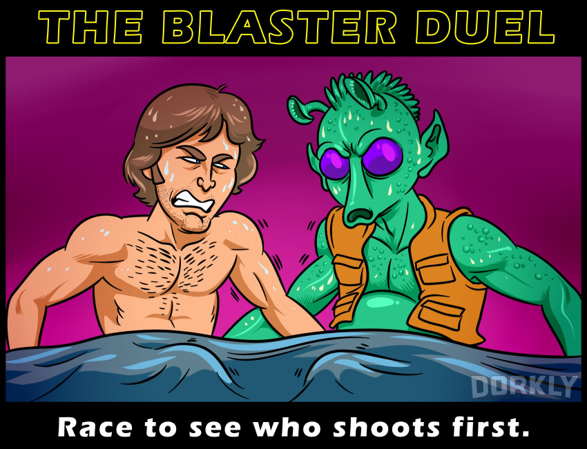 alien alien_humanoid bodily_fluids body_hair brown_hair chest_hair clenched_teeth dorkly duo english_text greedo_(star_wars) green_body hair han_solo handjob hi_res human human_on_humanoid humanoid humanoid_pointy_ears humor interspecies jhall male male/male mammal mutual_handjob mutual_masturbation not_furry open_mouth penile purple_background purple_eyes rodian sex simple_background star_wars sweat teeth text