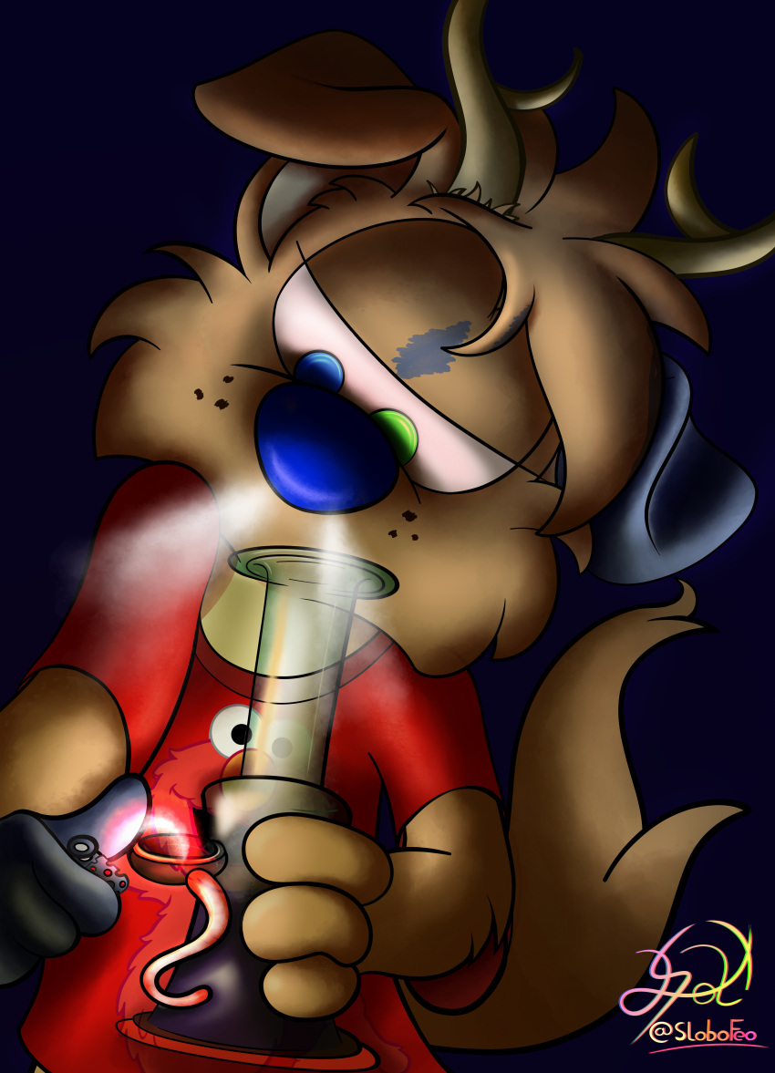 absurd_res anthro bottomless clothed clothing drugs elmo hi_res horn lobofeo lobofeo_fursona male marijuana pipe smoke solo wolflope