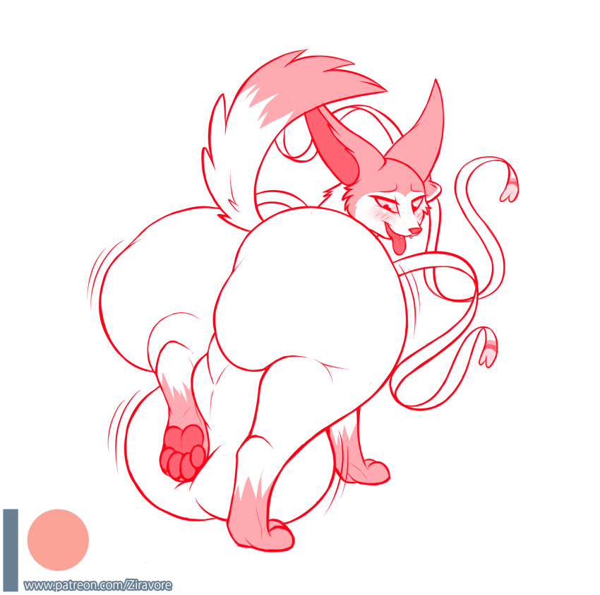 2020 balls big_balls big_butt blush butt digitigrade dipstick_tail eeveelution feral genitals hi_res huge_balls huge_butt hyper hyper_balls hyper_butt hyper_genitalia looking_back male markings monochrome motion_lines multicolored_tail nintendo open_mouth pawpads pok&eacute;mon pok&eacute;mon_(species) rear_view solo sylveon tail_markings thick_thighs tongue tongue_out video_games wide_hips ziravore