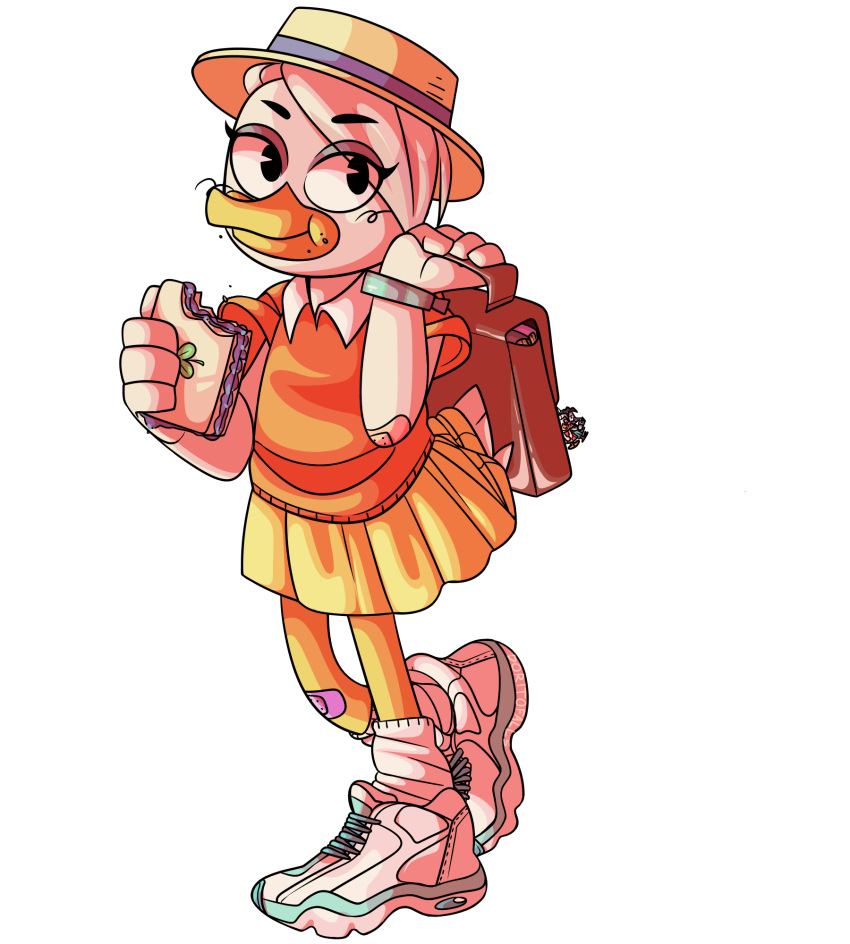 alpha_channel anatid anseriform anthro avian bag bandaged_arm bird bottomwear clothing disney doritofalls duck ducktales ducktales_(2017) female food footwear hat headgear headwear hi_res lena_(ducktales) sandwich_(food) shirt shoes skirt socks solo topwear