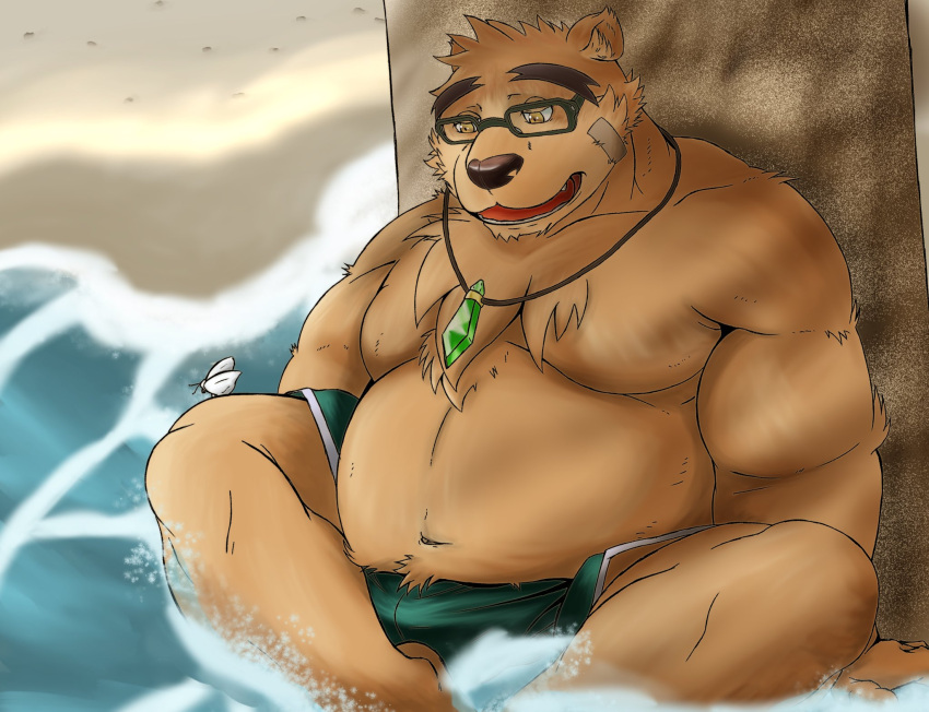 2021 anthro beach belly bottomwear brown_body brown_fur brown_nose clothing fur hi_res kemono lifewonders male mammal moobs outside overweight overweight_male seaside shorts siroihigenokoi sitting solo tokyo_afterschool_summoners ursid video_games volos water