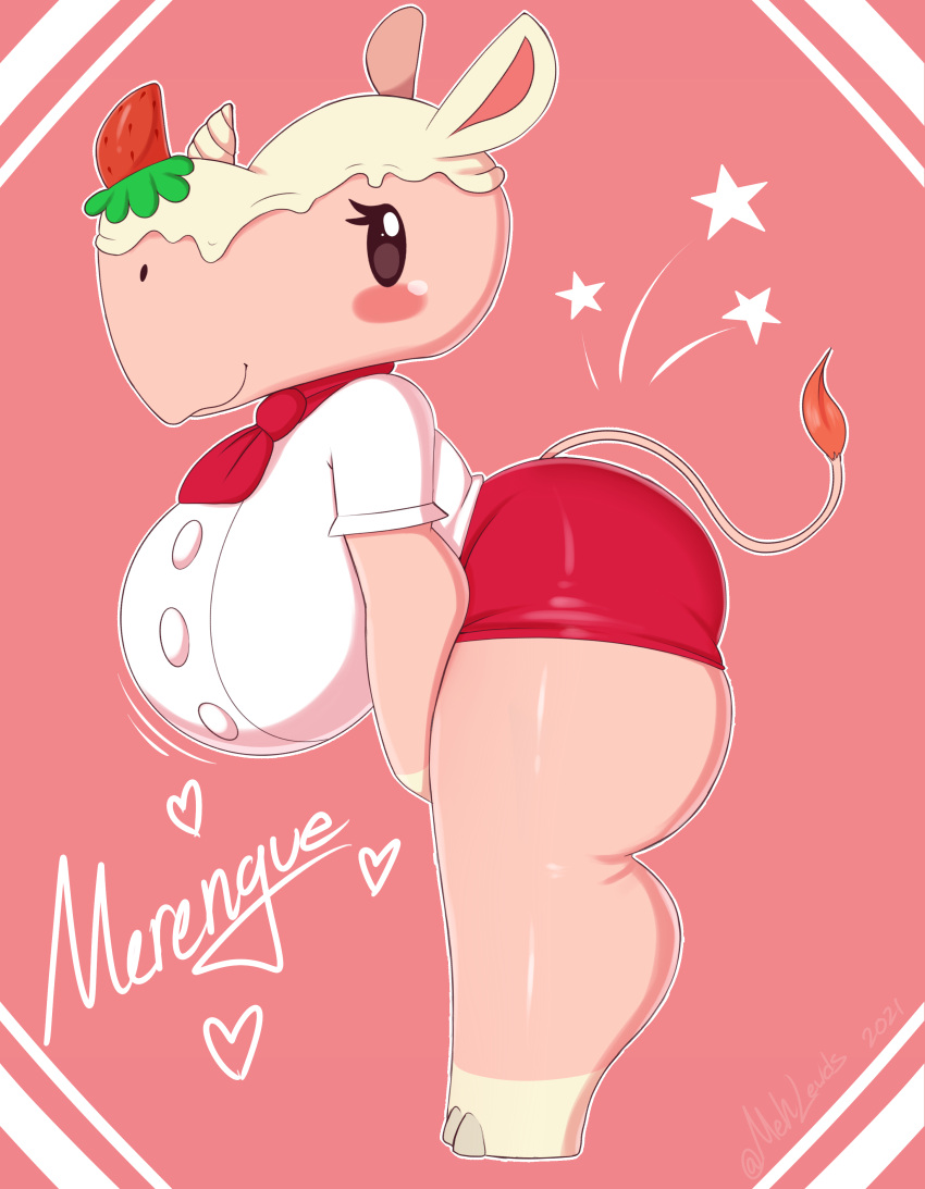 &lt;3 absurd_res animal_crossing anthro big_breasts blush blush_stickers breasts clothing english_text female food fruit hearts_around_text hi_res hooves looking_at_viewer mammal mehdrawings merengue_(animal_crossing) nintendo plant rhinocerotoid solo star strawberry text text_with_heart thick_thighs uniform video_games