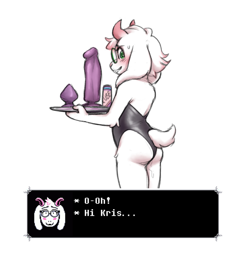 anthro black_leotard blush bovid butt buttplug caprine cobalt_snow conditional_dnp deltarune dildo english_text eyewear fur glasses goat green_eyes hi_res holding_object holding_tray horn looking_at_viewer lube_bottle male mammal plug_(sex_toy) purple_dildo purple_sex_toy ralsei sex_toy solo text tray undertale_(series) video_games white_body white_butt white_ears white_fur white_tail white_text