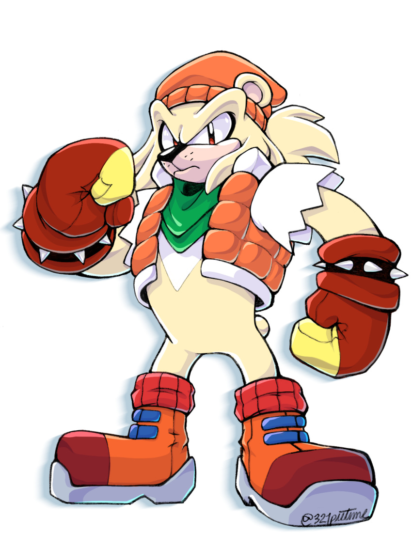 2020 321pietime 3:4 alternate_costume anthro bark_the_polar_bear beanie black_nose blonde_hair boxing_gloves brown_eyes clothing gloves hair handwear hat headgear headwear hi_res jacket looking_at_viewer male mammal polar_bear ponytail sega simple_background solo sonic_the_fighters sonic_the_hedgehog_(series) spikes topwear ursid ursine white_background yellow_body