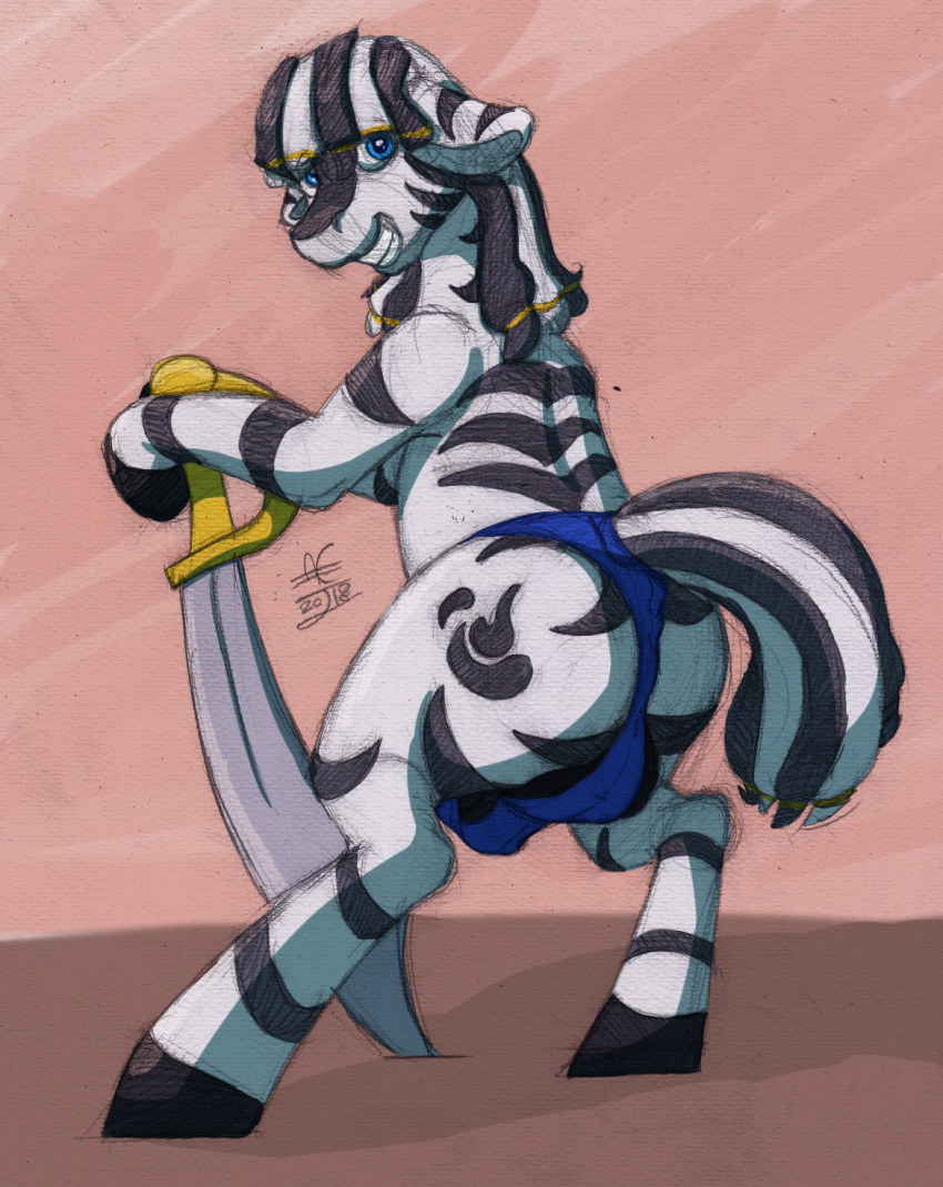 accessory animal_genitalia balls blue_eyes clothing cutie_mark denton dreadlocks equid equine genitals grey_body gyrotech hair_accessory hair_tie hasbro hi_res male mammal mane melee_weapon my_little_pony pinup pose ruzeth sheath solo stripes sword underwear weapon zebra