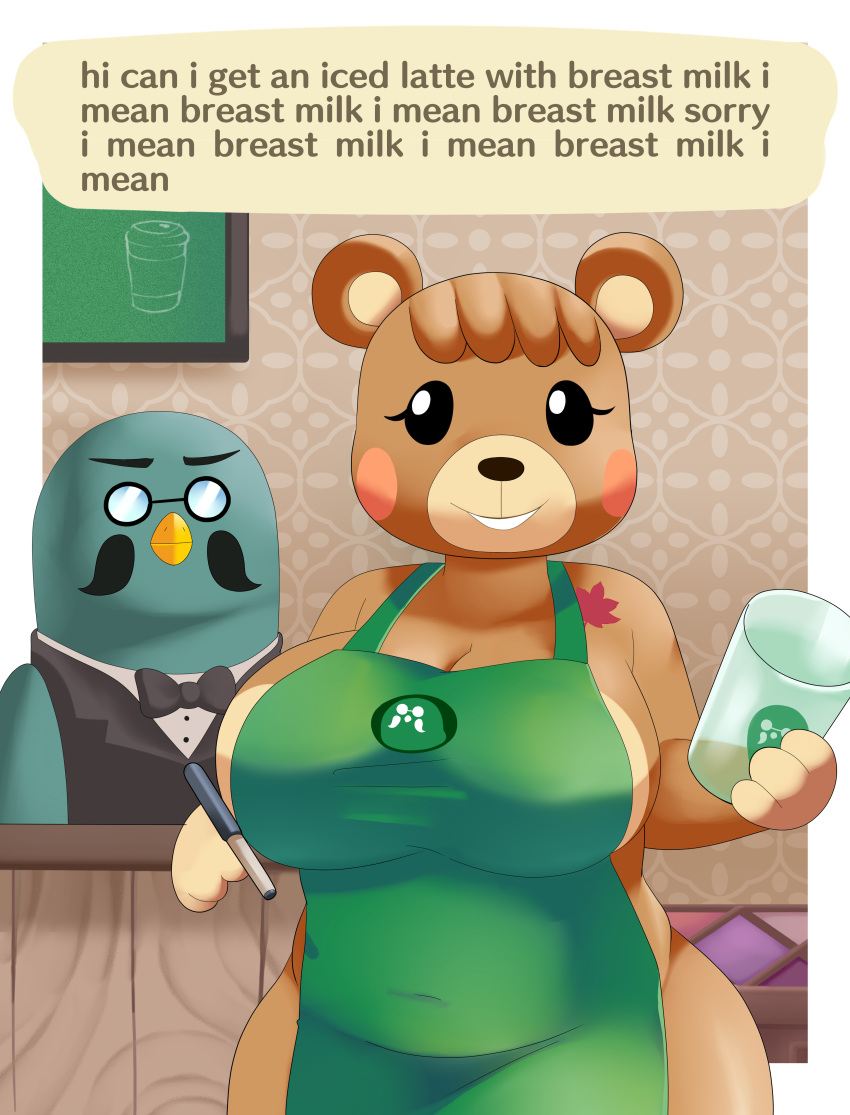 absurd_res aerth animal_crossing anthro apron apron_only avian bird blush blush_stickers breasts brewster_(animal_crossing) chalkboard clothed clothing columbid container cup curvy_figure dialogue_box digital_media_(artwork) duo english_text eyewear female fully_clothed glasses green_apron hi_res holding_cup holding_object holding_pen i_mean_breast_milk looking_at_viewer male mammal maple_(animal_crossing) maple_leaf marker meme mostly_nude nintendo pen pigeon public shaded side_boob text ursid video_games voluptuous