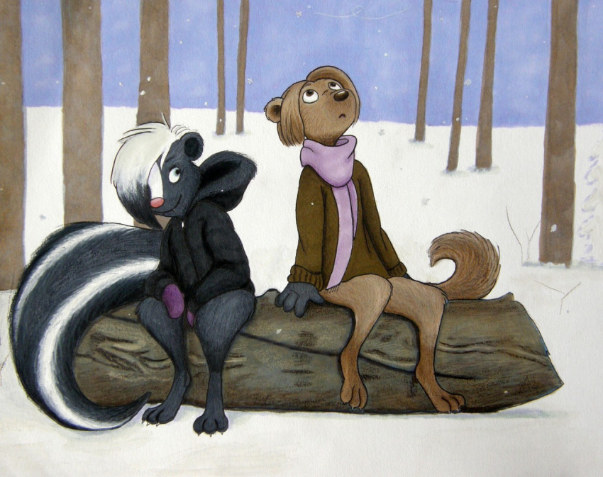 anthro brown_eyes christaphorac clothed clothing duo erica female hair handwear log lutrine male mammal mephitid mittens mustelid outside plant ricky_(christaphorac) scarf sitting skunk snow tree winter winter_clothing wood