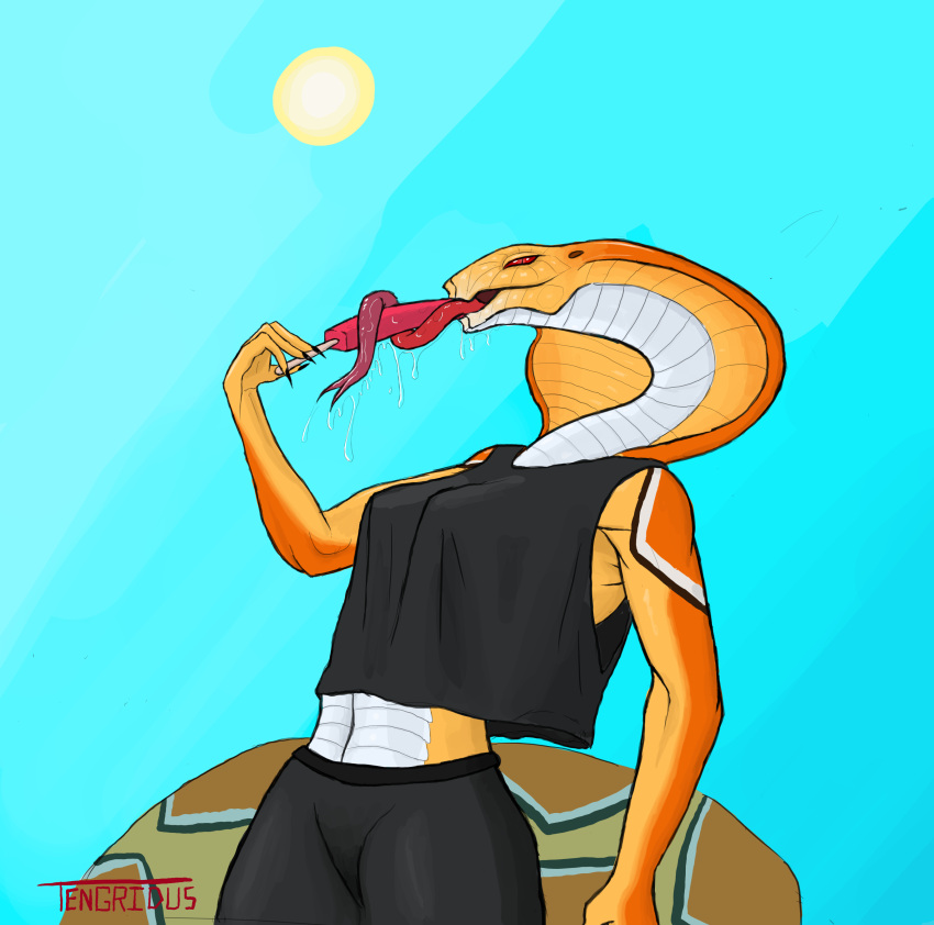 absurd_res alien anthro bodily_fluids bottomwear breasts clothing female food forked_tongue hi_res looking_at_viewer navel non-mammal_breasts open_mouth outside popsicle red_eyes reptile saliva scalie seductive skirt sleeveless_shirt small_breasts snake snake_hood solo sun tengridus tongue tongue_out video_games viper_(x-com) x-com x-com_2
