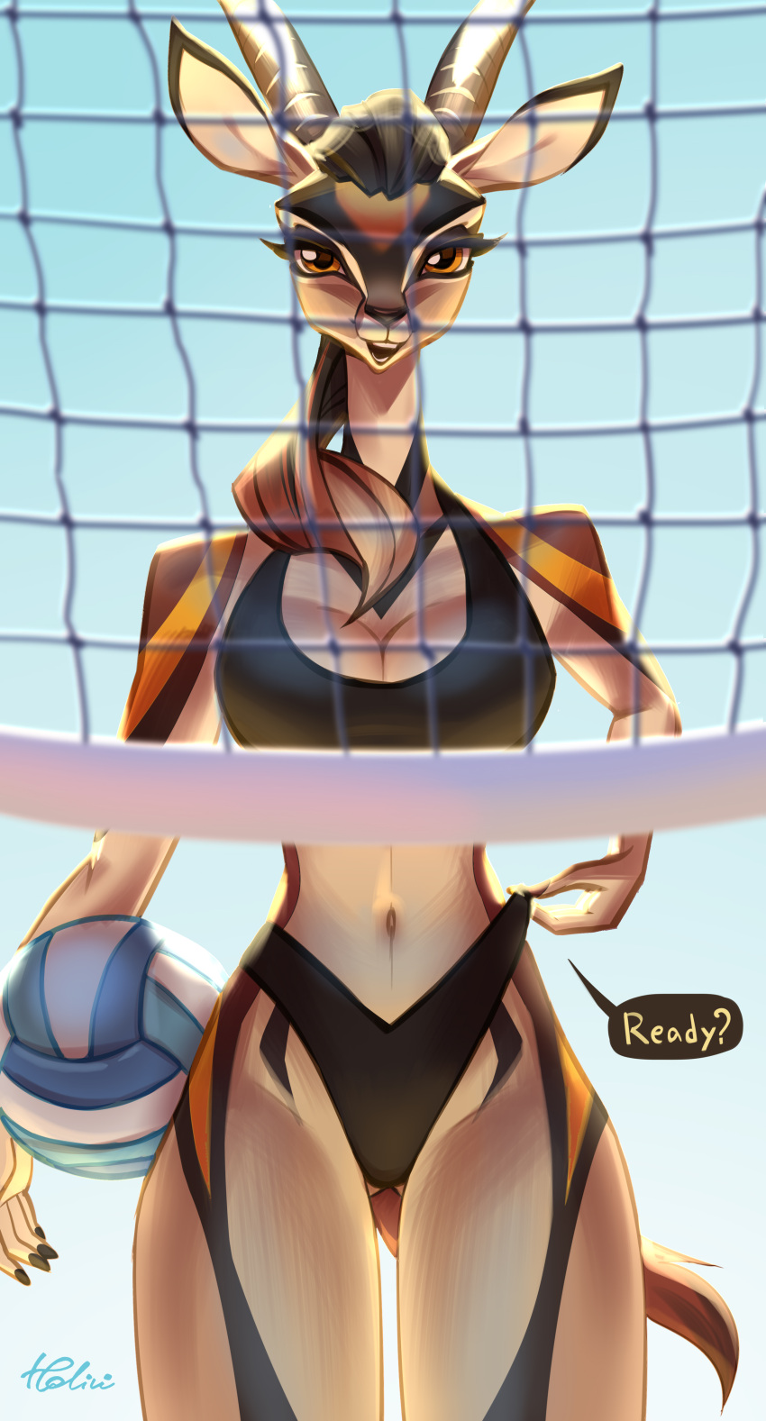 absurd_res antelope anthro bikini bovid breasts cleavage clothed clothing female gazelle hair hi_res holivi mammal ponytail solo sport swimwear volleyball volleyball_net zahra_(airheart)